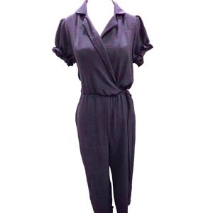 Nevena‎ Rae Jumpsuit Womens Medium Black Puff Sleeve Wrap Tie Waist Cropped